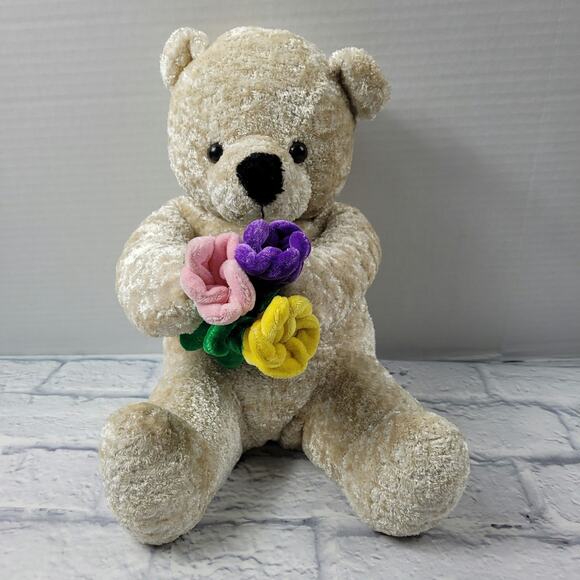 Sweet Silky Soft Plush Teddy Bear Holds Bouquet of Flowers - Picture 9 of 13